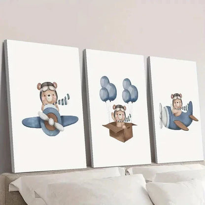 3pcs Bear Flying a Plane in the Sky Wall Art Canvas Unframed – High Quality Print 100% Australian Made Wall Canvas - Bella Home Decor
