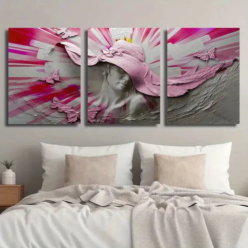 3pcs Woman Wearing a Hat and Butterflies Wall Art Set Canvas Unframed - High Quality Print 100% Australian Made Wall Canvas