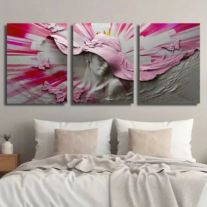 3pcs Woman Wearing a Hat and Butterflies Wall Art Set Canvas Unframed - High Quality Print 100% Australian Made Wall Canvas