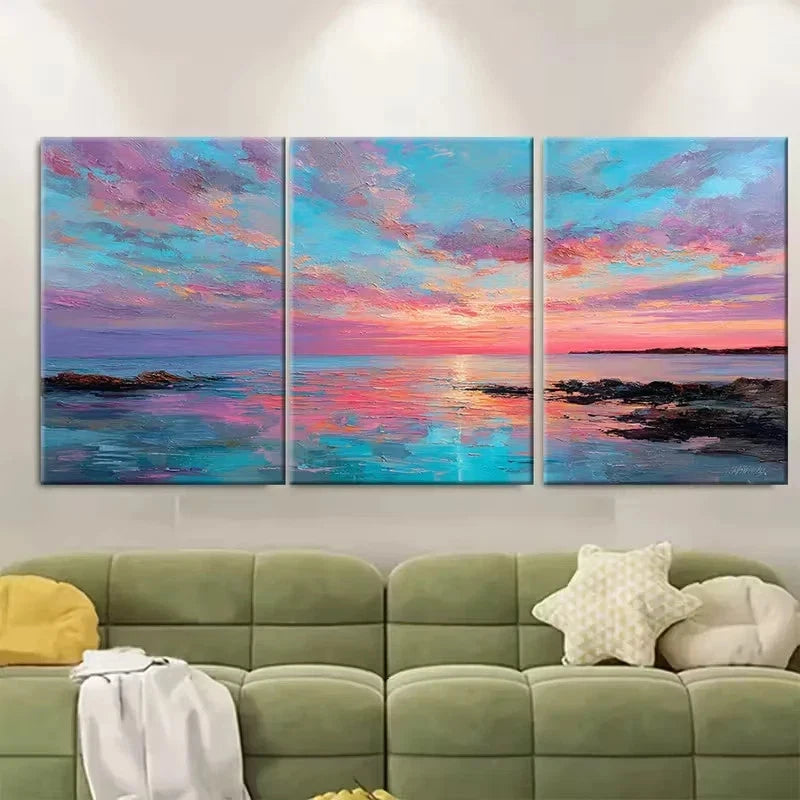 3pcs Tranquil Coastal Sunset Ocean Painting Wall Art Set Canvas Framed 50x70cm - High Quality Print 100% Australian Made Wall Canvas Ready to Hang