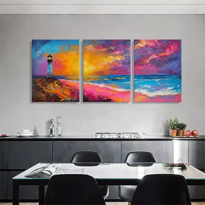 3pcs Vibrant Lighthouse and Ocean Sunset Perfect Wall Art Set Canvas Unframed - High Quality Print 100% Australian Made Wall Canvas
