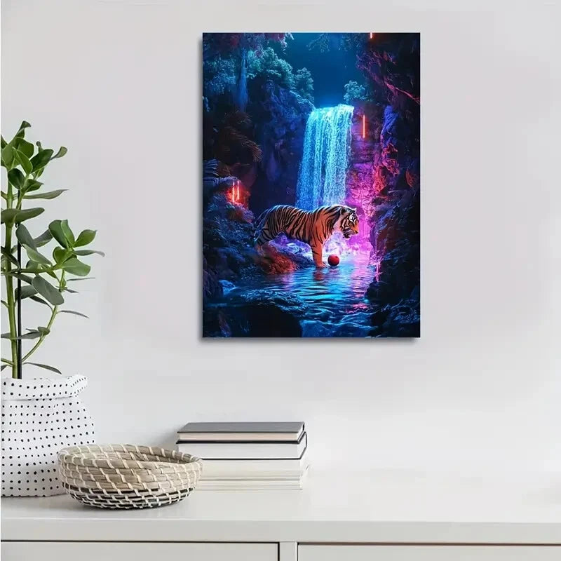 Dreamlike Tiger Scene with Neon Glow Painting 40x60cm Metal Print Ready to Hang - Bella Home Decor