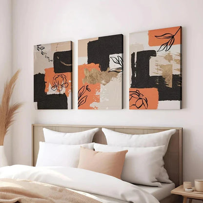 3pcs Orange Abstract Modern Black Line Flower Wall Art Set Canvas Unframed - High Quality Print 100% Australian Made Wall Canvas
