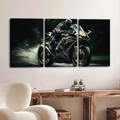 3pcs Dynamic Rider & Grceen Motorcycle Perfect Wall Art Set Canvas Framed 40x60cm - High Quality Print 100% Australian Made Wall Canvas Ready to Hang - Bella Home Decor
