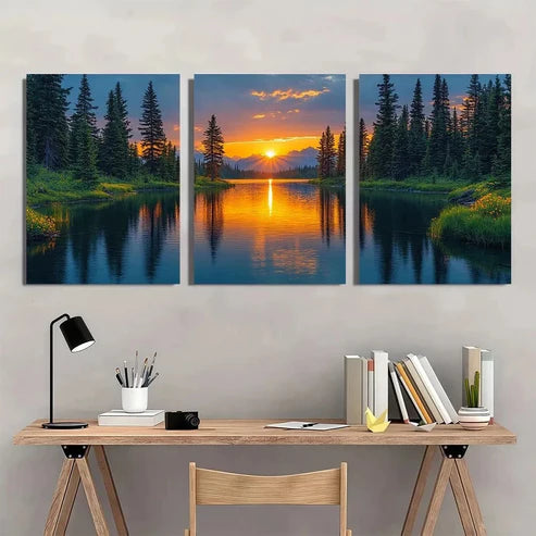 3pcs Vibrant Sunset River Pine Trees Wildflowers  Wall Art Set Canvas Unframed - High Quality Print 100% Australian Made Wall Canvas