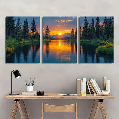 3pcs Vibrant Sunset River Pine Trees Wildflowers  Wall Art Set Canvas Unframed - High Quality Print 100% Australian Made Wall Canvas