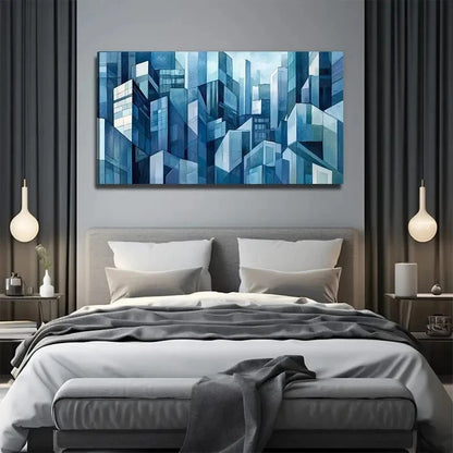 Abstract Cityscape Blue Wall Art Canvas Office Home Room Framed 120x60cm