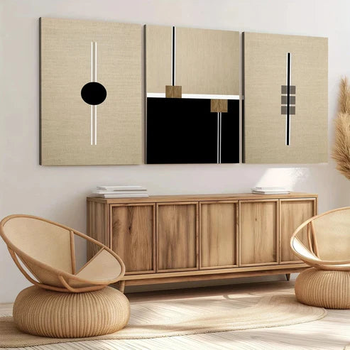 3pcs Black Round Box Lines White Lines Wall Art Set Canvas Unframed - High Quality Print 100% Australian Made Wall Canvas - Bella Home Decor