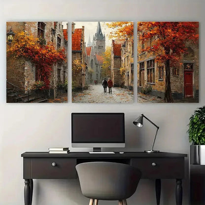 3pcs Autumnal Brugge Streets Couple Prefect Wall Art Set Canvas Framed 40x60cm - High Quality Print 100% Australian Made Wall Canvas Ready to Hang - Bella Home Decor