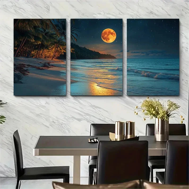 3pcs Full Moon Beach Exotic Luxury Decor Perfect Wall Art Set Canvas Framed 40x60cm - High Quality Print 100% Australian Made Wall Canvas Ready to Hang - Bella Home Decor