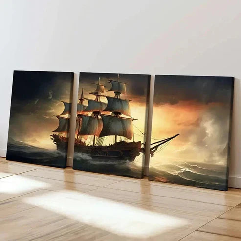 3pcs Sailing Ship in Stormy Seas Painting Wall Art Canvas Unframed - High Quality Print 100% Australian Made Wall Canvas