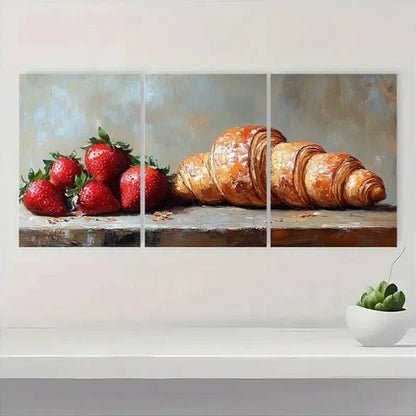 3pcs Rustic Croissant & Strawberry Z Wall Art Set Canvas Unframed - High Quality Print 100% Australian Made Wall Canvas