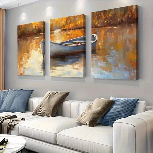 3pcs Modern Serene Lake Rustic Autumn Boat Wall Art Set Canvas Unframed - High Quality Print 100% Australian Made Wall Canvas