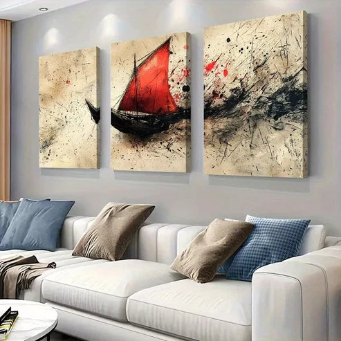 3pcs Abstract Red Sails Ship on Rough Seas Wall Art Set Canvas Unframed - High Quality Print 100% Australian Made Wall Canvas - Bella Home Decor