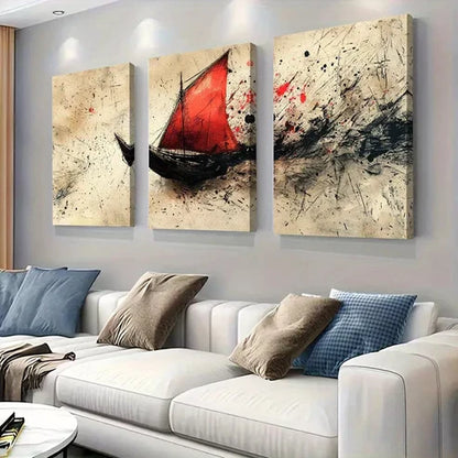 3pcs Abstract Red Sails Ship on Rough Seas Wall Art Set Canvas Unframed - High Quality Print 100% Australian Made Wall Canvas - Bella Home Decor