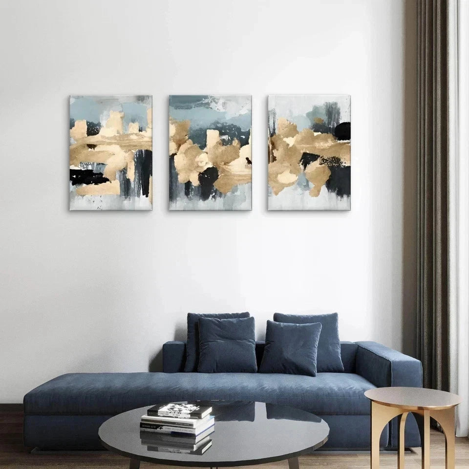 3pcs Modern Abstract Gold and Grey Textured Paint Wall Art Set Canvas Framed 60x90cm - High Quality Print 100% Australian Made Wall Canvas Ready to Hang