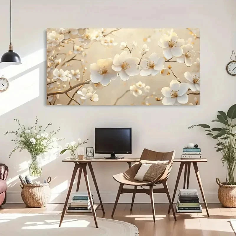 White Blossoms Deco Floral Wall Art Canvas Office Home Room Framed 120x60cm - Bella Home Decor