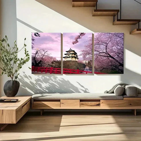 3pcs Hirosaki Castle Cherry Blossoms Wall Art Set Canvas Unframed - High Quality Print 100% Australian Made Wall Canvas