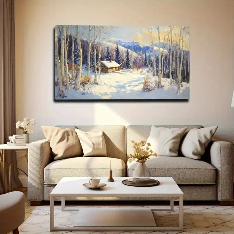 Winter Cabin Snow Scene Décor Wall Art Canvas Office Home Room Framed 120x60cm