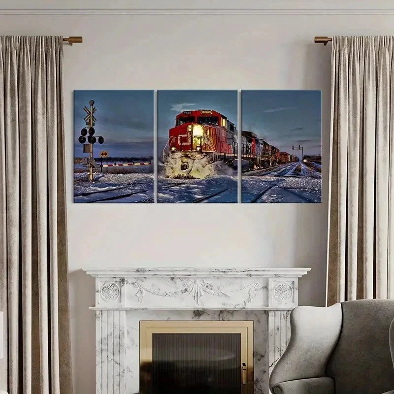 3pcs Steam Train with Snowy Landscape Wall Art Set Canvas Framed 60x90cm - High Quality Print 100% Australian Made Wall Canvas Ready to Hang - Bella Home Decor