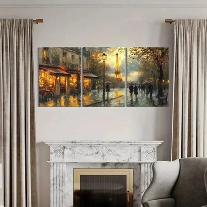 3pcs Parisian Rain Eiffel Tower Cozy Streetscape Wall Art Canvas Unframed - High Quality Print 100% Australian Made Wall Canvas