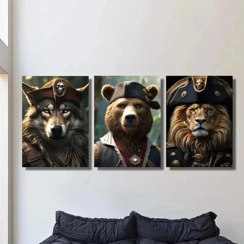 3pcs Ancient Pirates Wolf Bear and Lion Wall Art Set Canvas Unframed - High Quality Print 100% Australian Made Wall Canvas - Bella Home Decor