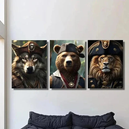 3pcs Ancient Pirates Wolf Bear and Lion Wall Art Set Canvas Unframed - High Quality Print 100% Australian Made Wall Canvas - Bella Home Decor