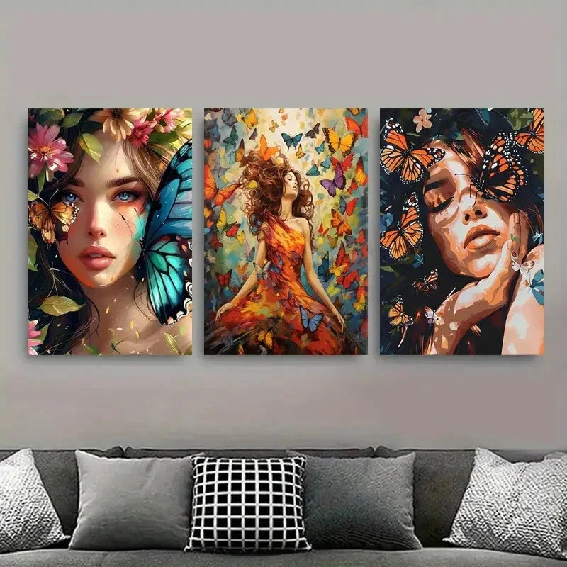 3pcs Boho Chic Butterfly Floral Metal Print Ready to Hang Art - Bella Home Decor