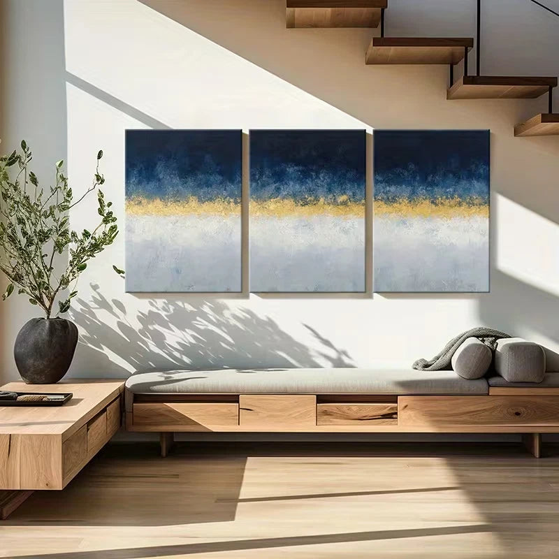 3pcs Blue Golden White Palette Home Decor  Wall Art Set Canvas Framed 50x70cm - High Quality Print 100% Australian Made Wall Canvas Ready to Hang - Bella Home Decor