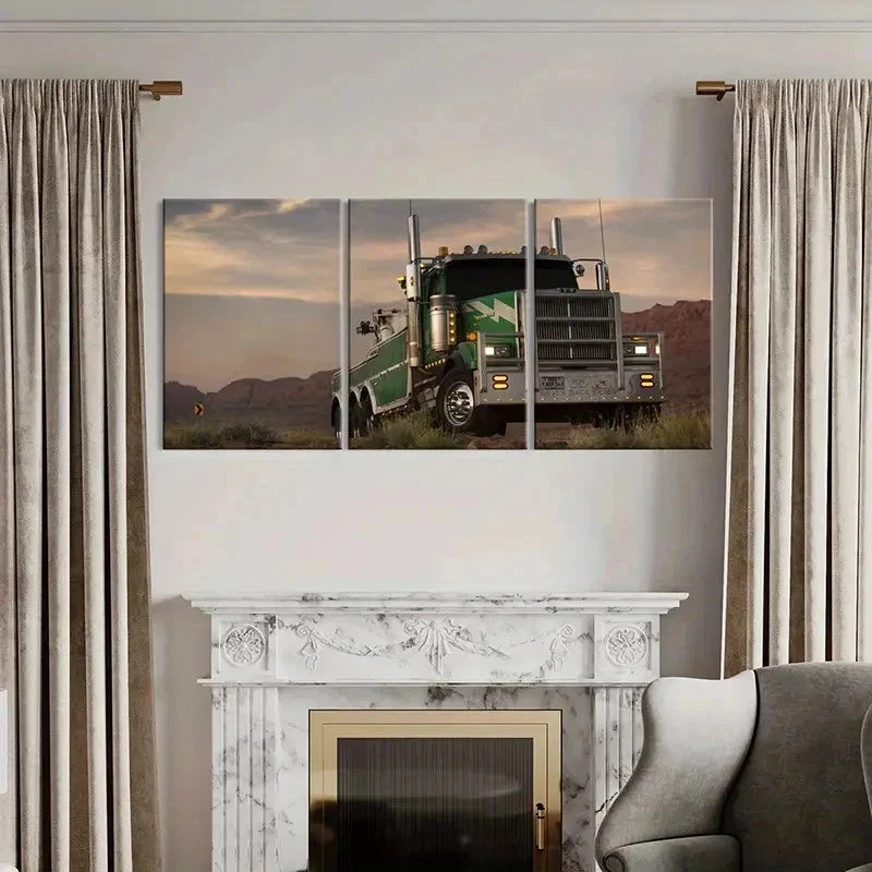 3pcs Green Truck Vehicle Modern Decor Wall Art Set Canvas Framed 50x70cm - High Quality Print 100% Australian Made Wall Canvas Ready to Hang