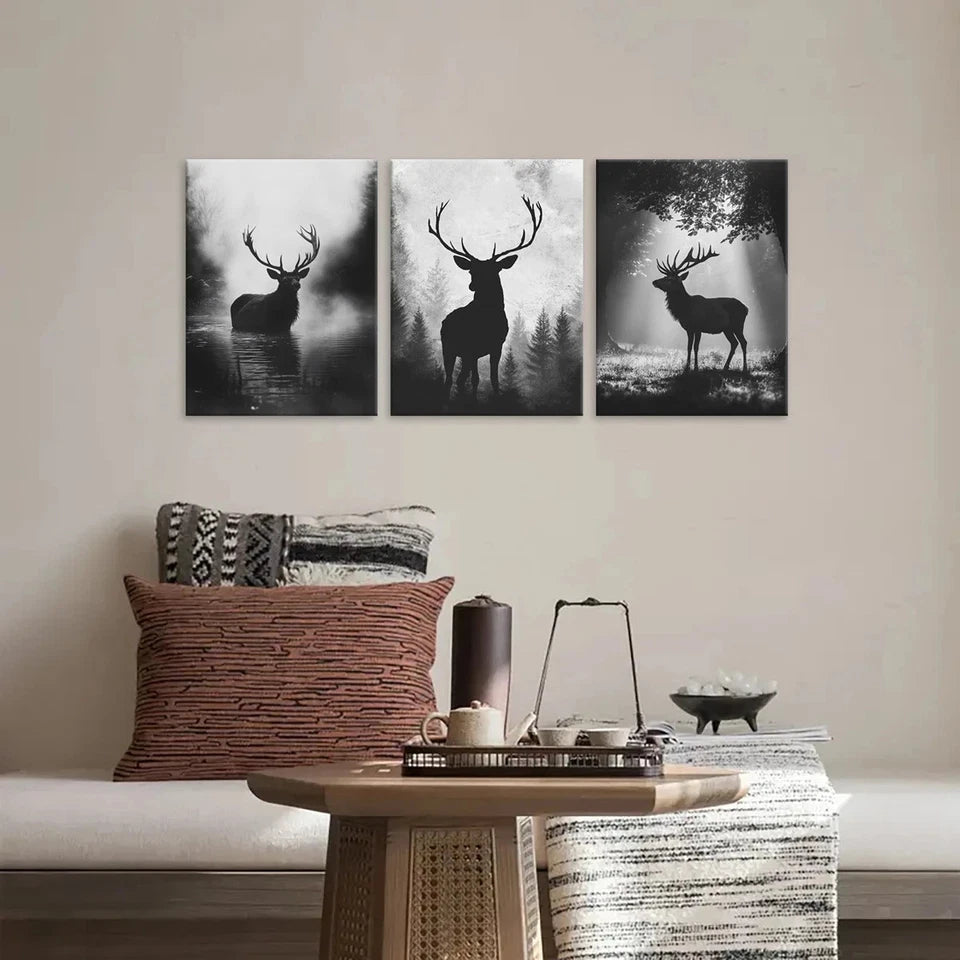 3pcs Forest Deer Black and White Metal Print Ready to Hang Art - Bella Home Decor