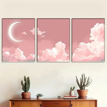 3pcs Pink Moon & Clouds Starry Sky Perfect Wall Art Set Canvas Framed 50x70cm - High Quality Print 100% Australian Made Wall Canvas Ready to Hang - Bella Home Decor