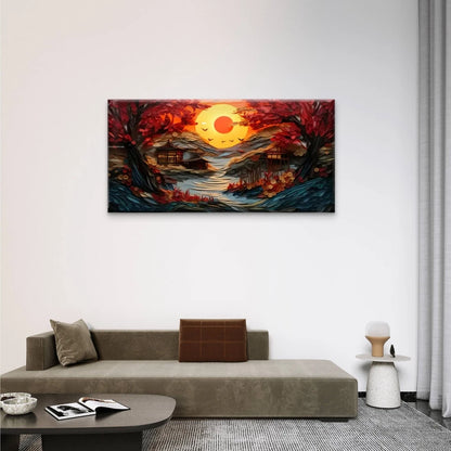 Sunset River Trees Red Perfect Wall Art Canvas Office Home Room Framed 120x60cm