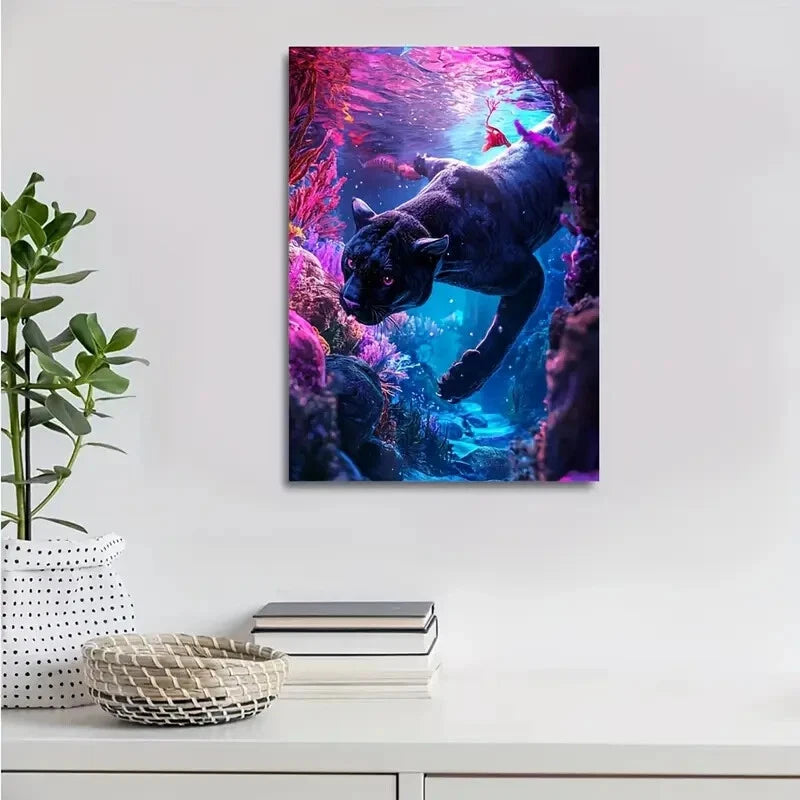 Fantasy Panther Underwater Coral Reef Painting  40x60cm Metal Print Ready to Hang - Bella Home Decor