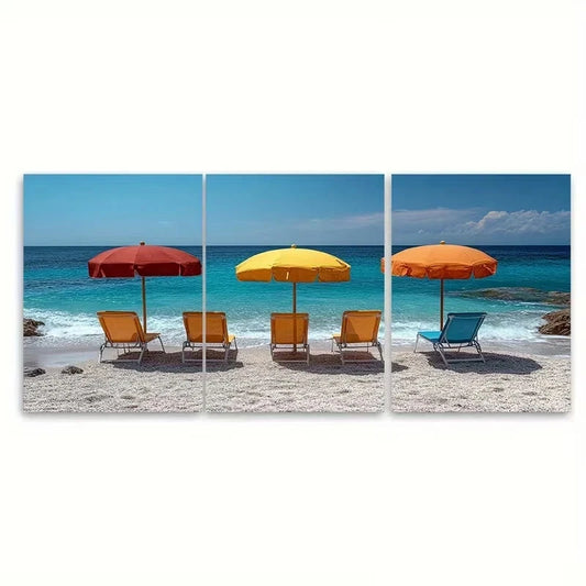3pcs Minimalist Beach Chair Parasol Wall Art Set Canvas Framed 40x60cm - High Quality Print 100% Australian Made Wall Canvas Ready to Hang