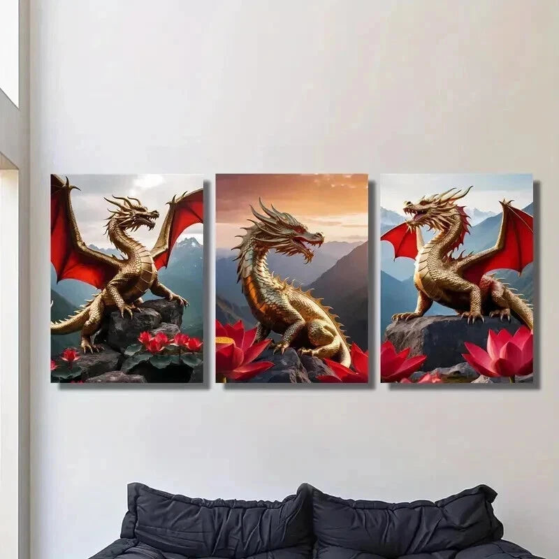 3pcs Golden Dragons with Red Wings Wall Art Set Canvas Framed 60x90cm - High Quality Print 100% Australian Made Wall Canvas Ready to Hang