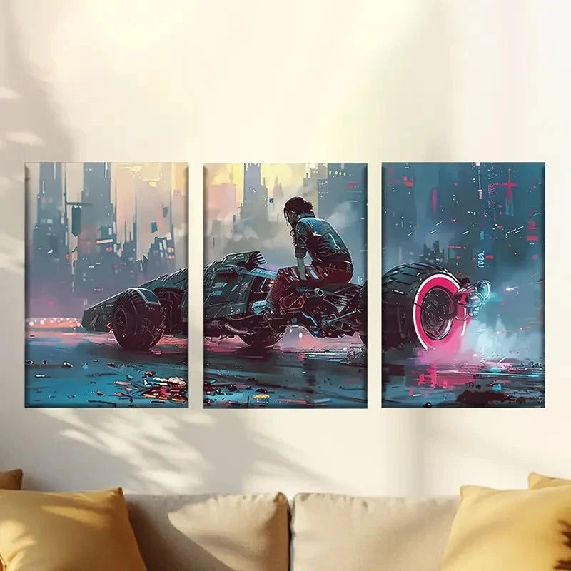 3pcs Cyberpunk Biker Wall Art Set Canvas Framed 60x90cm - High Quality Print 100% Australian Made Wall Canvas Ready to Hang - Bella Home Decor