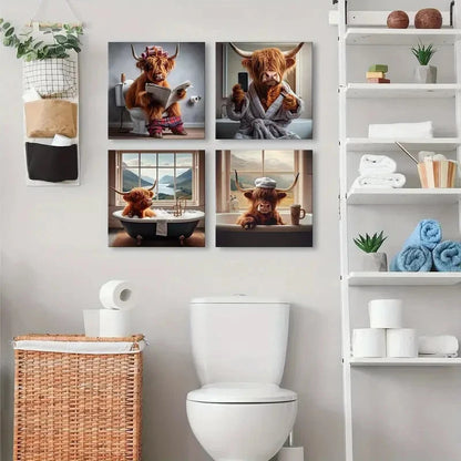 4pcs Rustic Highland Cow Wall Art Canvas Framed