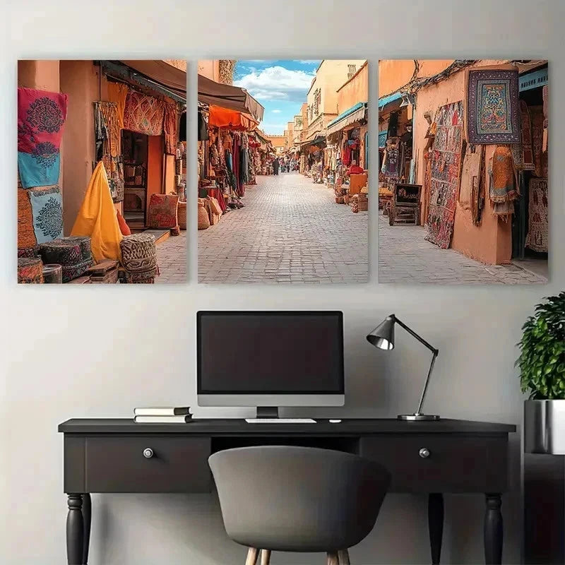 3pcs Marrakech Souks Decor Bohemian Perfect Wall Art Set Canvas Framed 50x70cm - High Quality Print 100% Australian Made Wall Canvas Ready to Hang