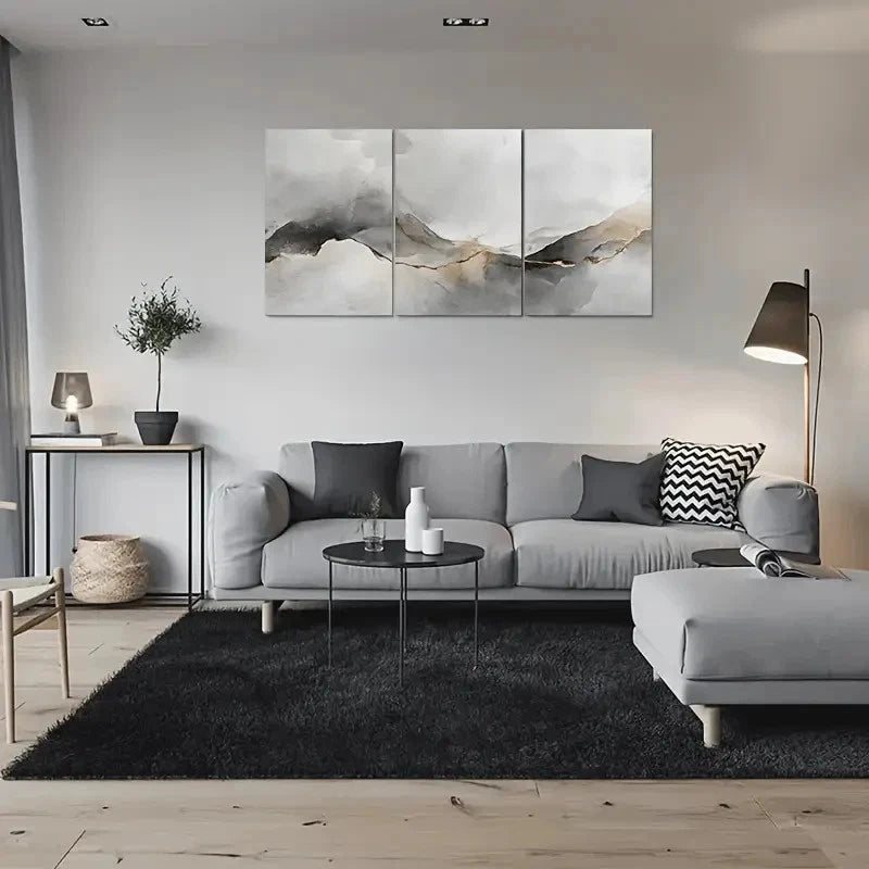 3pcs Abstract Grey and Golden Hues Metal Print Ready to Hang Art - Bella Home Decor