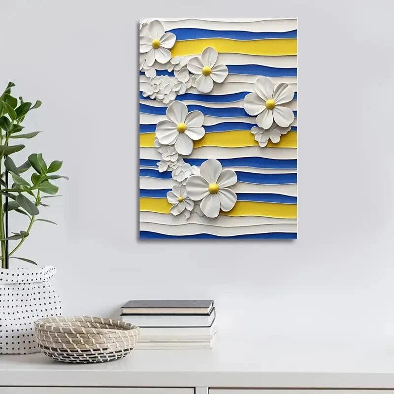 Featuring Blue And White Stripes with Yellow Painting  40x60cm Metal Print Ready to Hang - Bella Home Decor