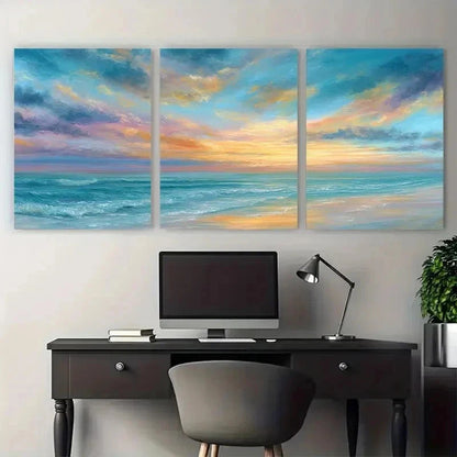 3pcs Sunrise Beach Waves Reflection Sand Perfect Wall Art Set Canvas Framed 50x70cm - High Quality Print 100% Australian Made Wall Canvas Ready to Hang