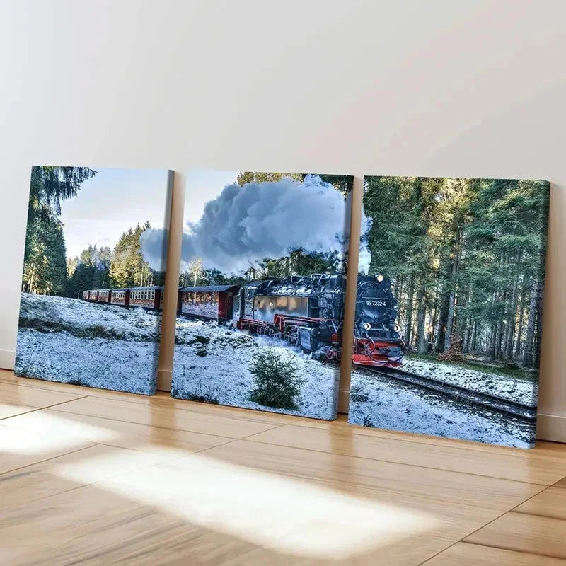 3pcs Snowy Forest & Steam Train Landscape Wall Art Set Canvas Framed 40x60cm - High Quality Print 100% Australian Made Wall Canvas Ready to Hang