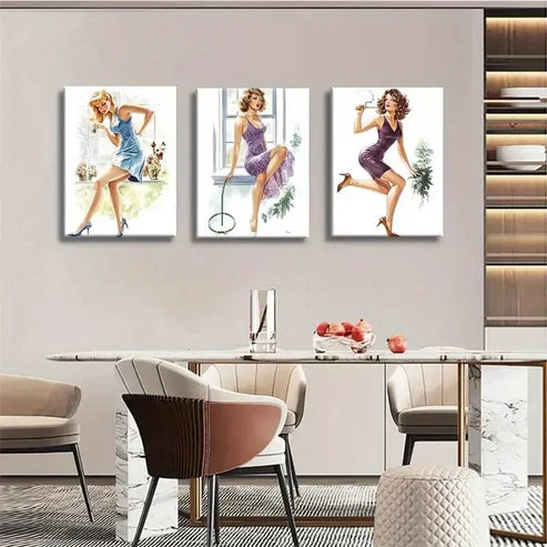 3pcs Vintage Pin-Up Girl Retro Glamorous Wall Art Canvas Unframed - High Quality Print 100% Australian Made Wall Canvas