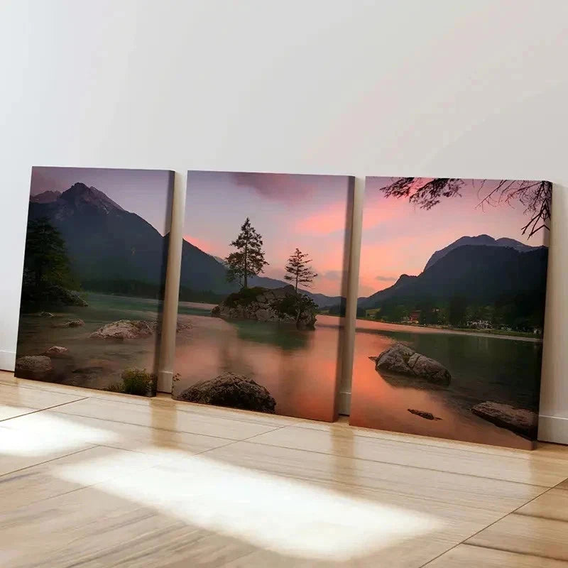 3pcs Lake Trees Rocks and Mountains Landscape Wall Art Set Canvas Framed 60x90cm - High Quality Print 100% Australian Made Wall Canvas Ready to Hang
