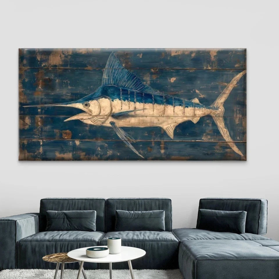 Blue Marlin Fish Nautical Wall Art Canvas Office Home Room Framed 120x60cm