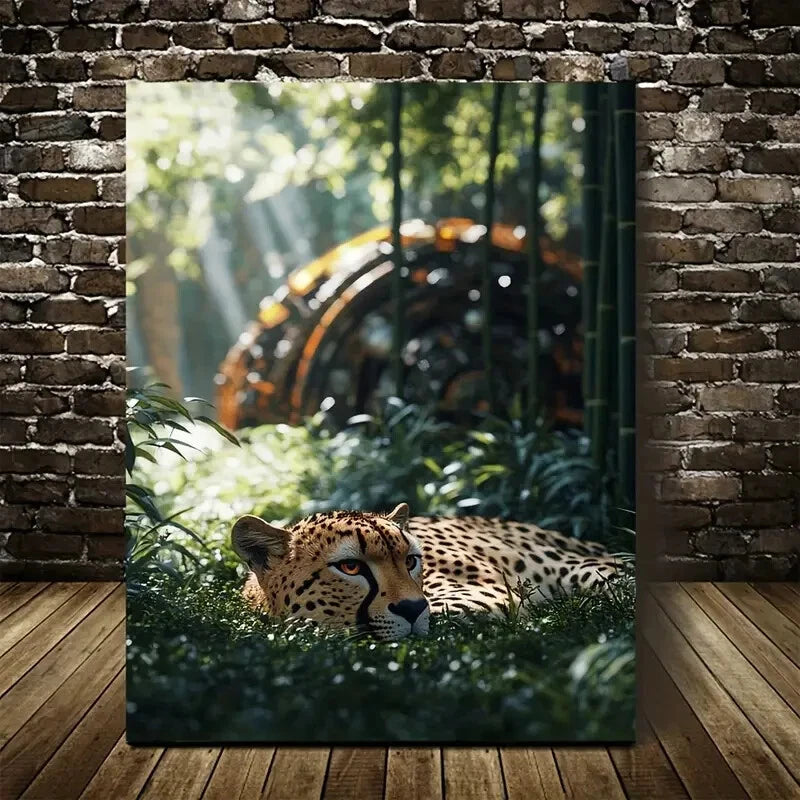Cheetah in Steampunk Bamboo Grove Painting 40x60cm Metal Print Ready to Hang
