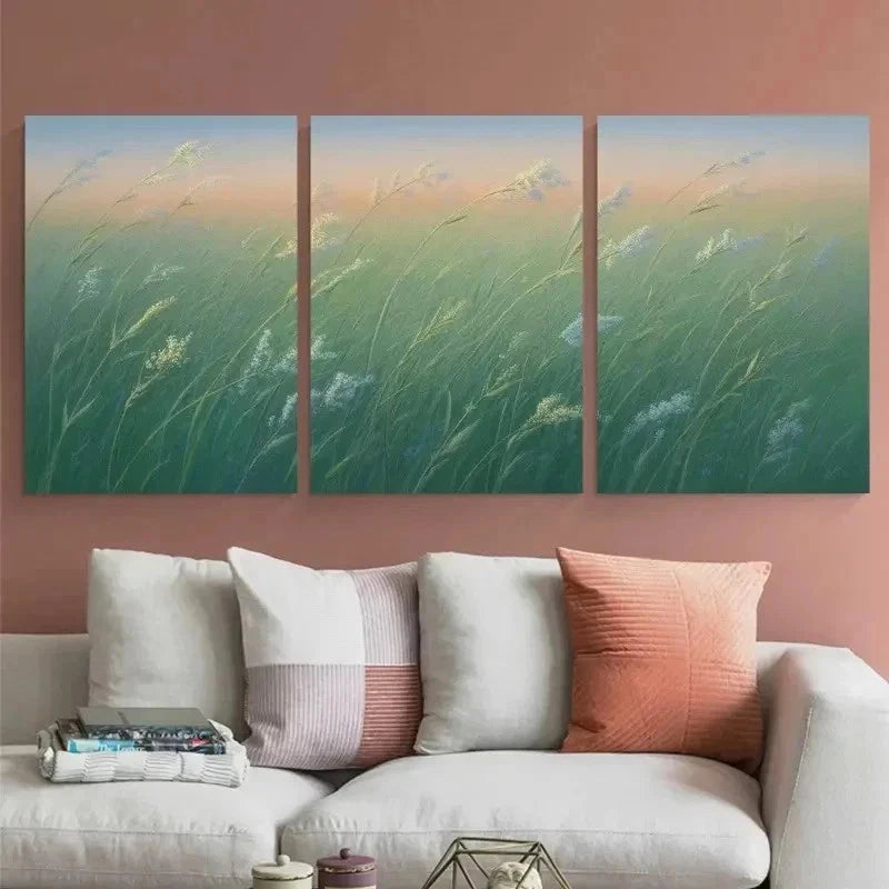 3pcs Serene Green Meadow with White Flowers   Wall Art Set Canvas Framed 60x90cm - High Quality Print 100% Australian Made Wall Canvas Ready to Hang