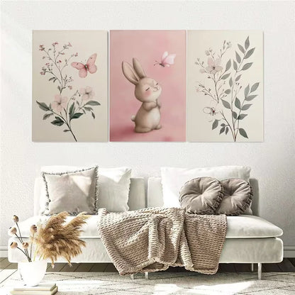 3pcs Bunnies and Butterflies Paintings Wall Art Set Canvas Framed 40x60cm – High Quality Print, 100% Australian Made, Ready to Hang - Bella Home Decor