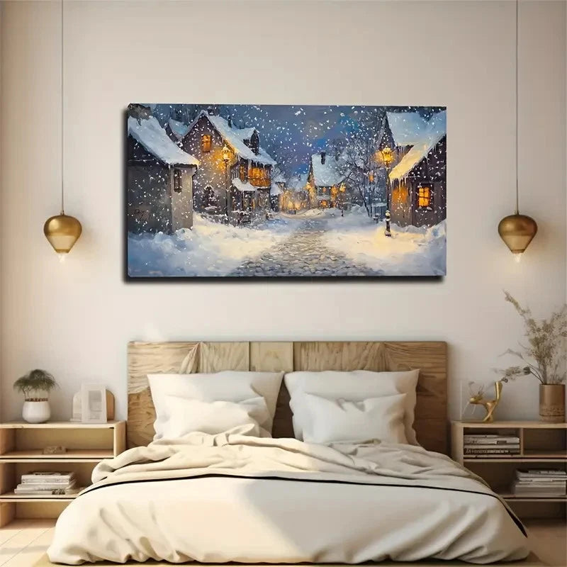 Winter Snowy Village Landscape Wall Art Canvas Office Home Room Framed 120x60cm